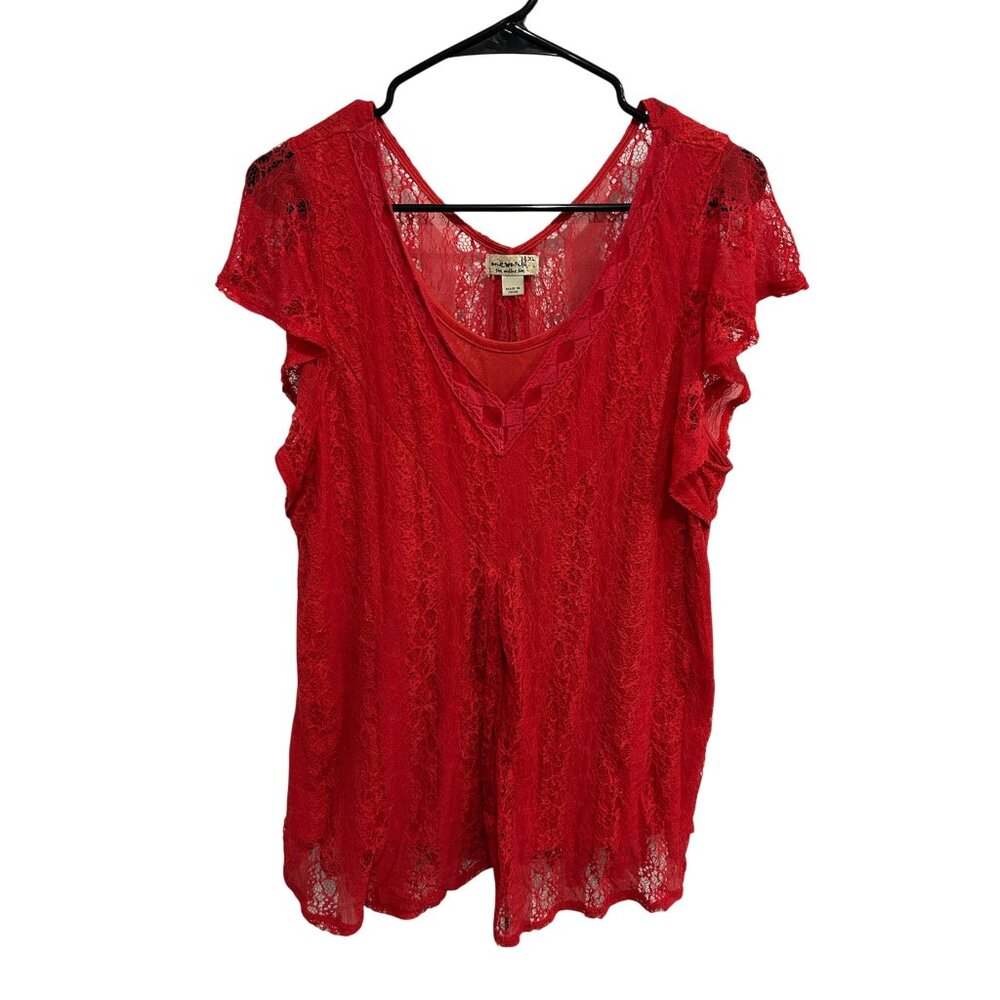One World Red XL Sheer Lace Overlay Flutter Sleeve Top Feminine Vibrant